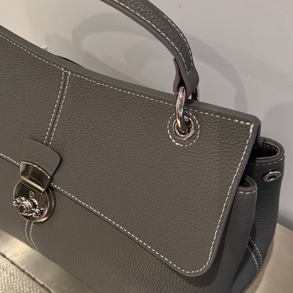 Taupe Grey Real Leather Handbag Tote 12”x8.5”x5” with Handle and Shoulder Strap - Picture 3 of 10